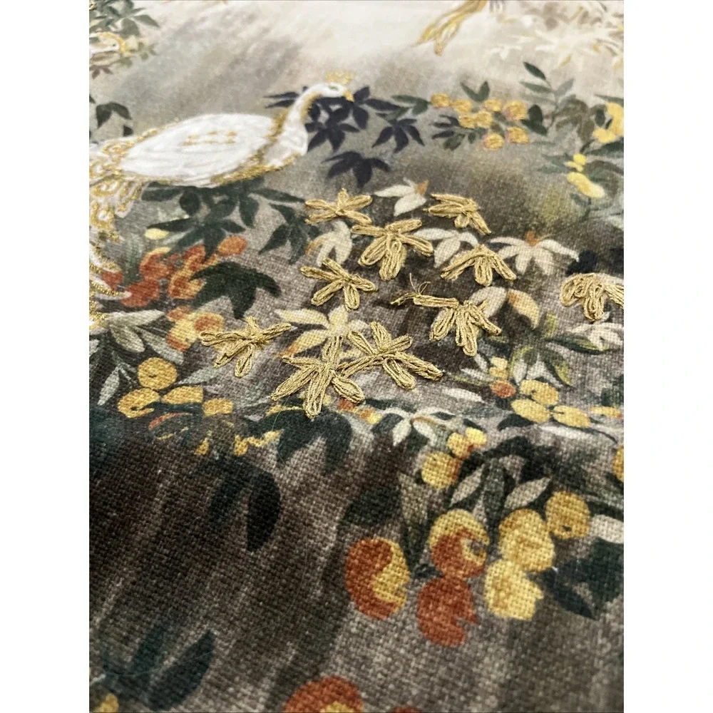 anatara Print Gold Embroidered table runner Floral Birds white peacocks 16 X 80